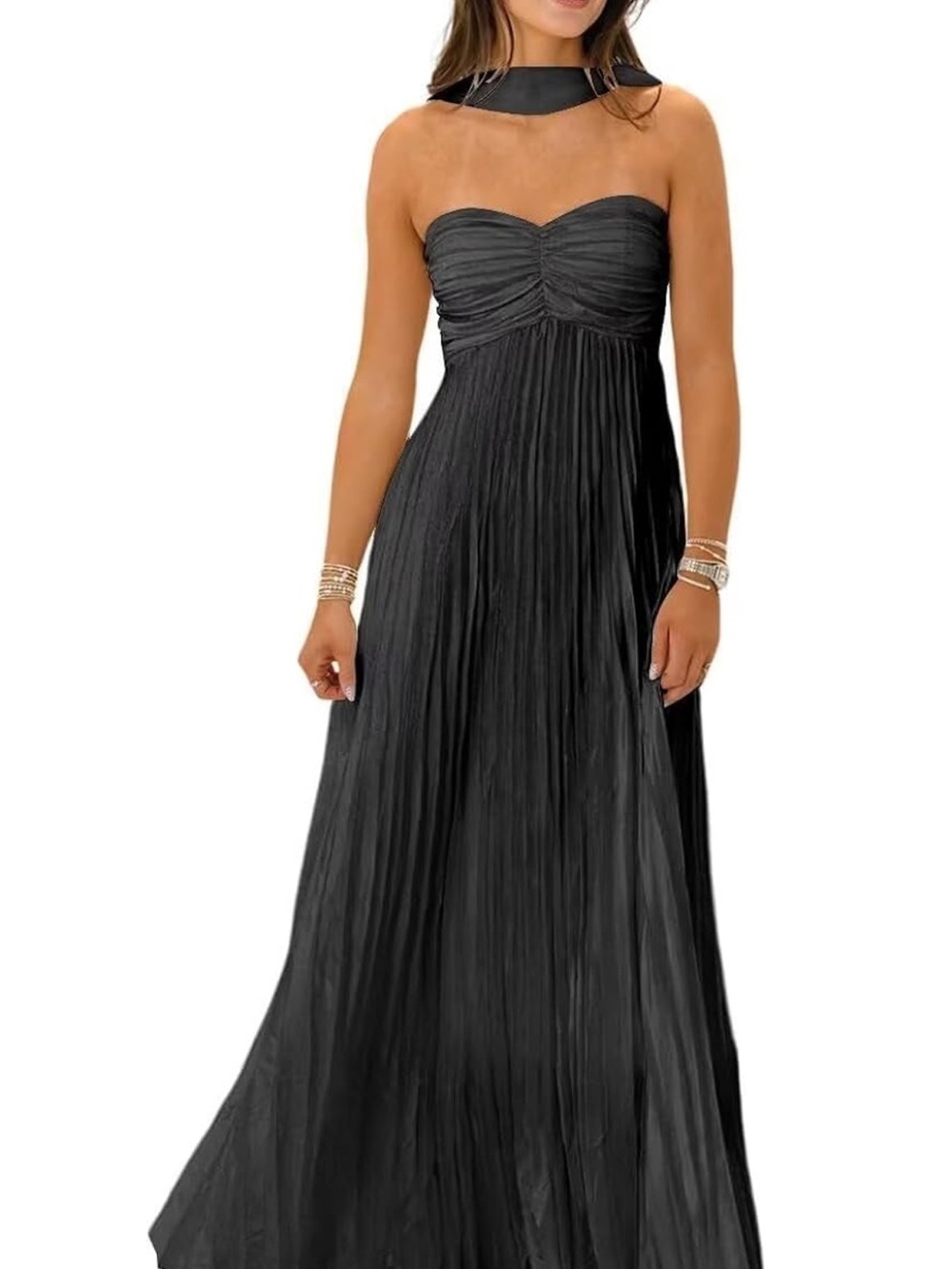 Strapless Black Maxi Dress with Removable Scarf